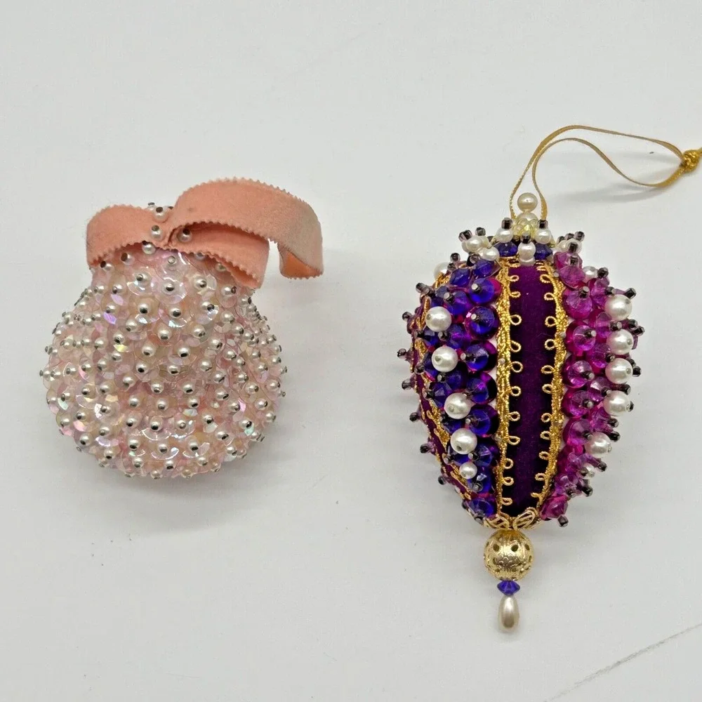 Vintage Beaded Sequins Push Pin Christmas Ornament Pink Bell Purple Ornate Set 2